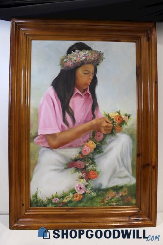 'Aloha' Framed Lei Making Painting on 22x34
