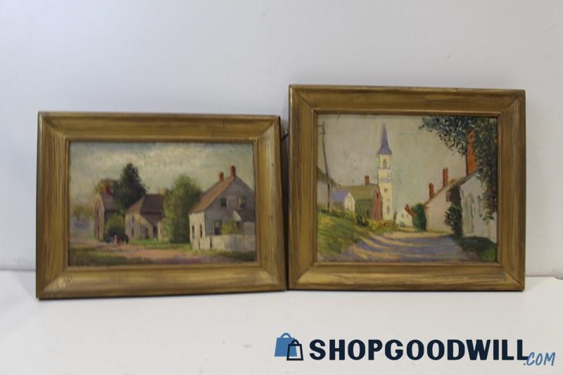 Pair Framed Vtg Replica Paintings Signed 'The Town Church'&'New England Town'