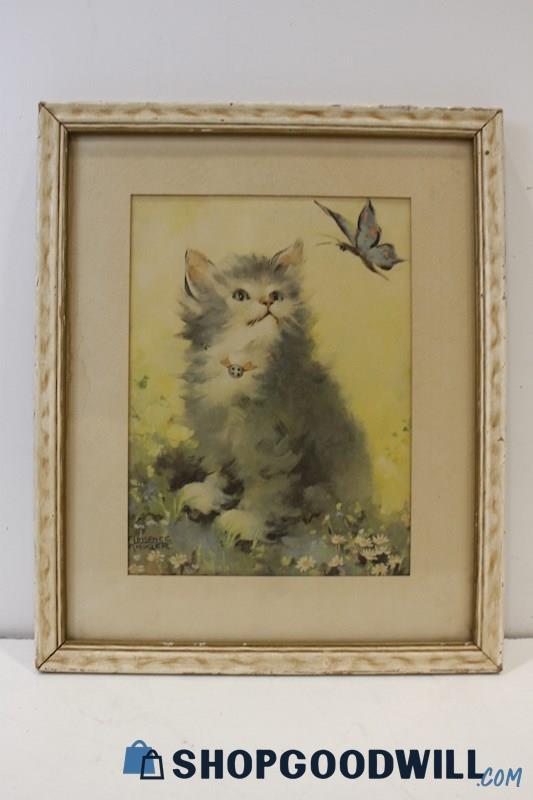 Vintage Unsigned Florence Kroger Framed Painting Art Print 'Kitten & Butterfly'