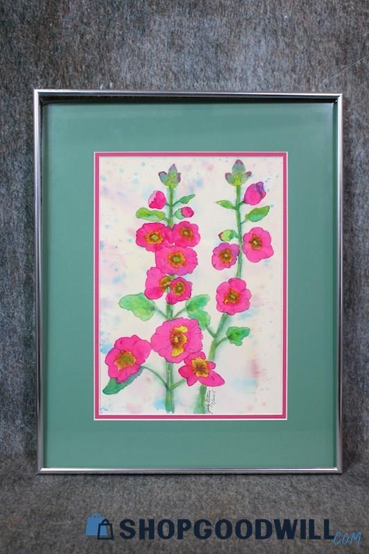 Framed Original Hollyhock Flower Still Life Watercolor Painting Sign Judy Gittus