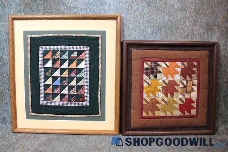 2 Framed Triangle & Leaf Pattern Mini Quilts Unsigned Art Home Decor