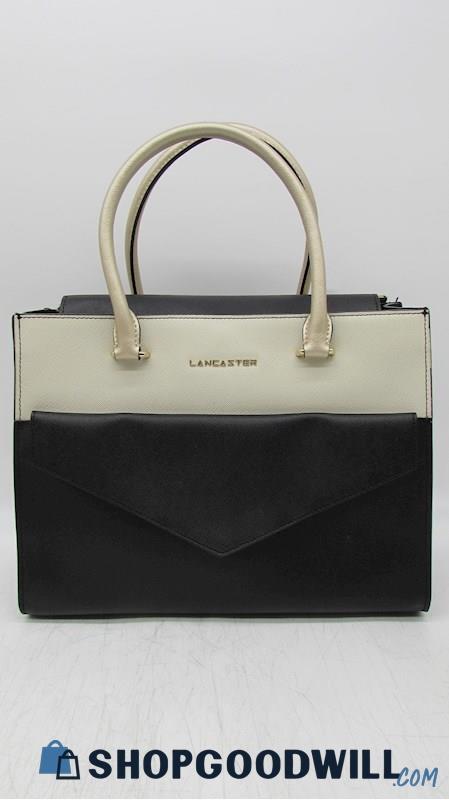 Lancaster Saffiano Signature Black Ivory Cowhide Leather Satchel Handbag Purse