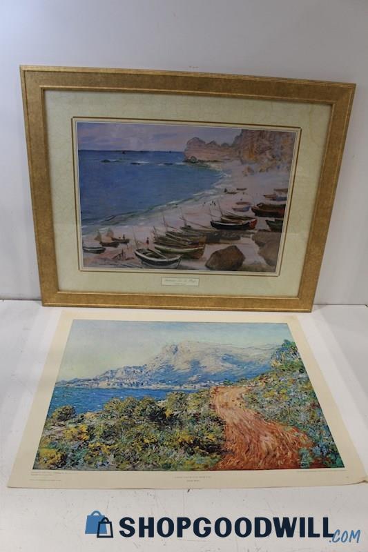 Pair Claude Monet Unsigned Painting Art Prints;1-Framed;1-Print Only 27x22.5