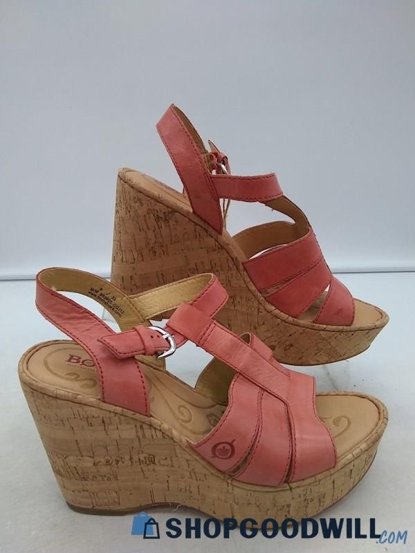 Born Women's Red Leather Slingback Cork Wedge Sandals SZ 8