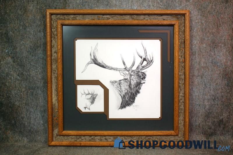 Framed VTG Elk Stag Wildlife Print w/Remarque Signed Froy Adams 15/100 Art Decor