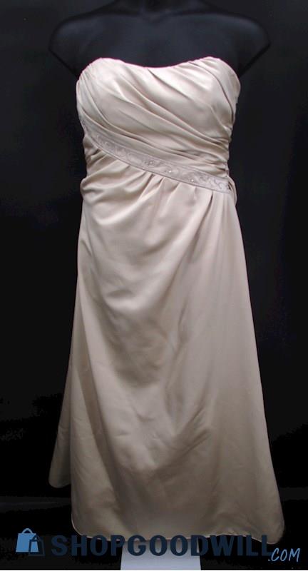 Davids Bridal Womens Beige Pleated Scoop Strapless Embroidered Formal Gown SZ 14