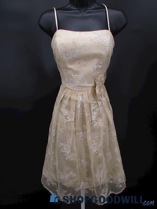 David's Bridal Women's Beige & Silver Floral Shadow Tulle Knee Length Gown SZ 8