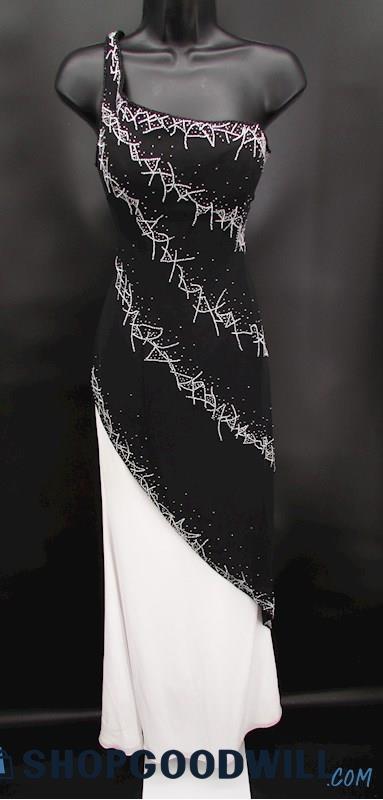 Precious Formals Women's Black & White Beaded One Shoulder Formal Gown SZ 8