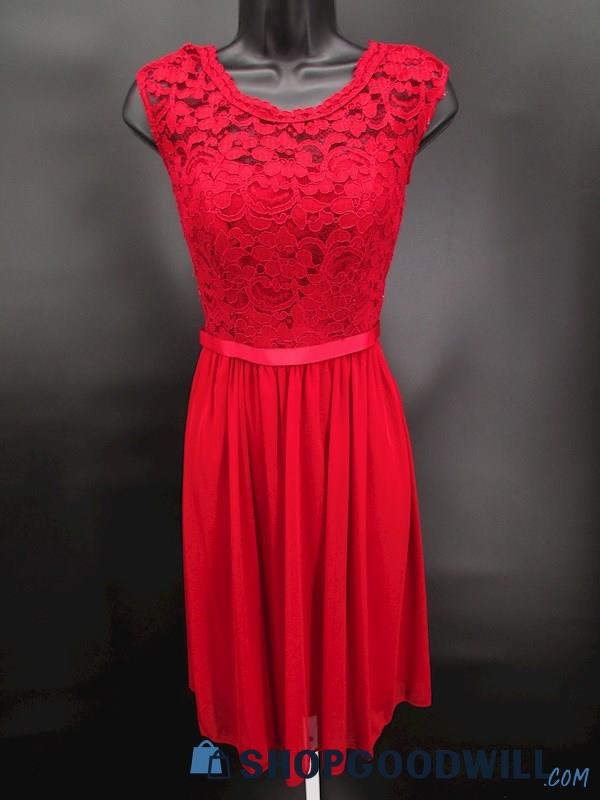 David's Bridal Women's Red Lace Illusion High Neckline Knee Length Gown SZ 2