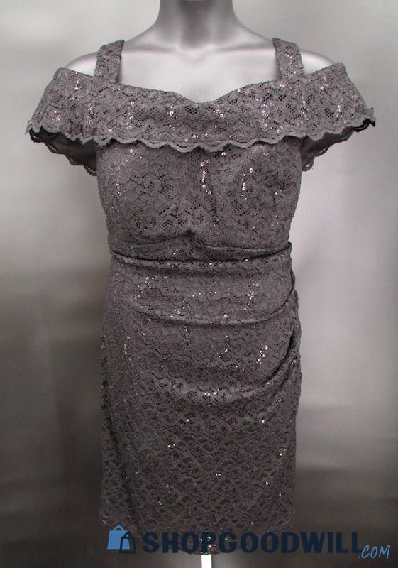 R & M Richards Women's Black Lace & Sequin Off The Shoulder Midi Gown SZ 20W