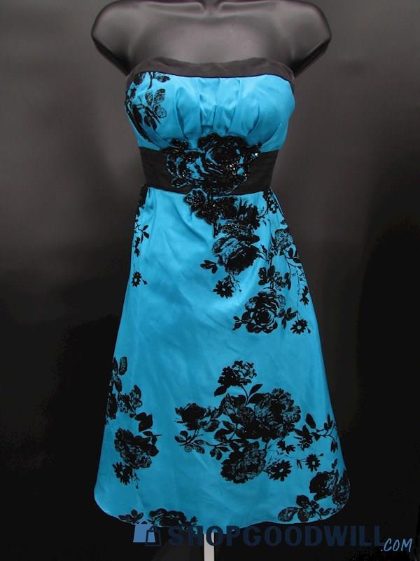 Wow Women's Blue & Black Floral Shadow Beaded Strapless Knee Length Gown SZ 4
