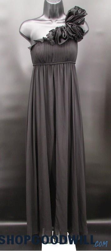 Aqua Dresses Women's Black Pleated Floral Empire Waist One Shoulder Gown SZ 2