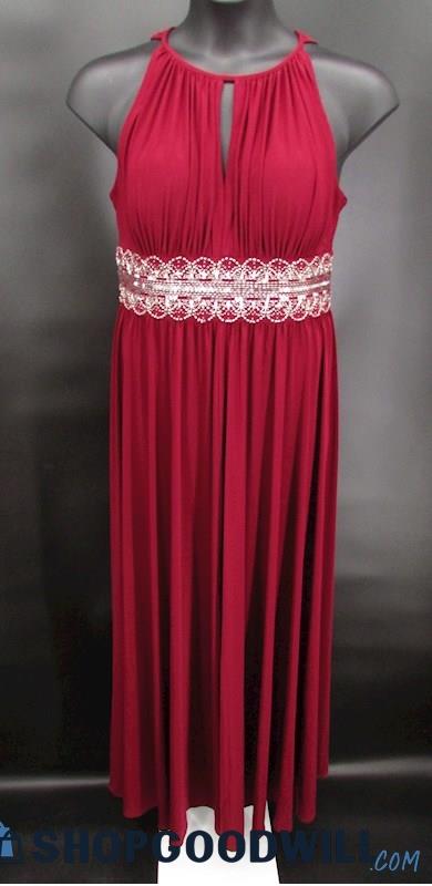 R & M Richards Women's Maroon High Neck Key Hole Beaded Belt Gown SZ 14