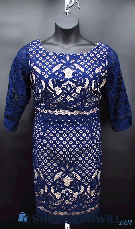 Danny & Nicole Women's Blue/Tan Lace Half Sleeve Shift Formal Dress SZ 16W