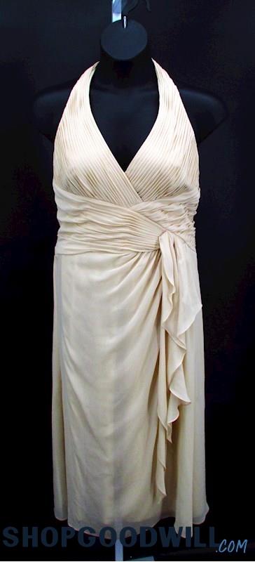 David's Bridal Women's Beige Pleated Halter Knee Length Formal Dress SZ 16 