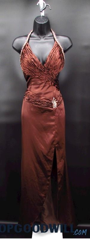 Night Moves Women's Brown Beaded Halter V-Neck Slit Sheath Formal Dress SZ 6