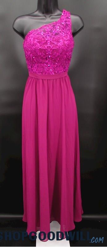 Kennedy Blue Women's Dark Pink Embroidered & Sequin One Shoulder Gown SZ 2