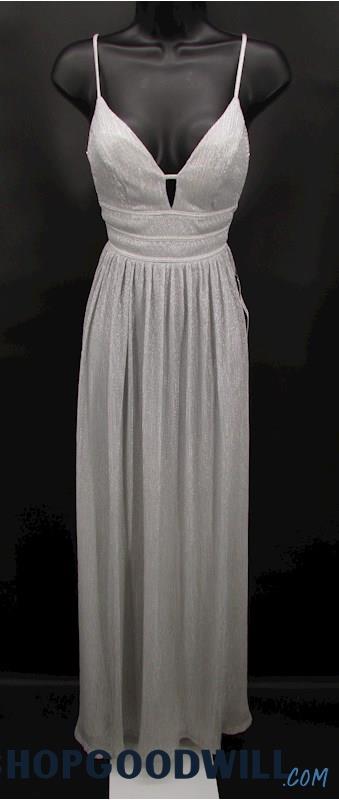 City Studio Juniors Silver Textured Ribbed Detail Empire Waist Formal Gown SZ 1