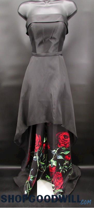 Abby Paris Women's Black Strapless Floral Underlay High Low Formal Gown SZ 8