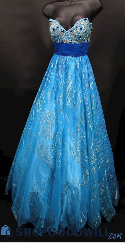 Cache Women's Blue Rhinestone & Glitter Strapless Scallop Hem Ballgown SZ 4