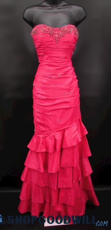 Mori Lee Women's Hot Pink Beaded Strapless Ruffle Drop Waist Formal Gown SZ 10