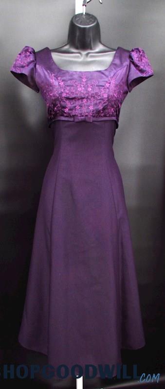 Mori Lee Women's Purple Floral Embroidered Empire Knee Length Formal Dress SZ 6
