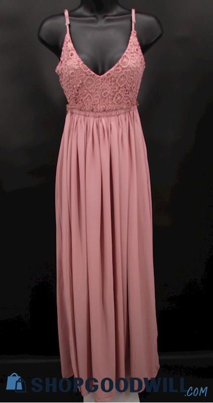 Ladmous Women's Dusty Pink Lace Bodice Empire Waist Open Back Formal Gown SZ S
