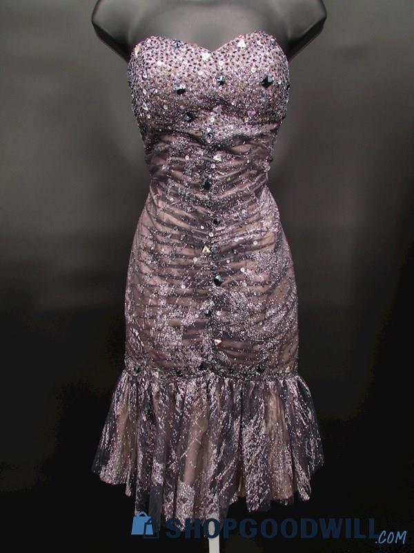 Jump Apparel Juniors Silver Glitter & Rhinestone Strapless Drop Waist Gown SZ 1