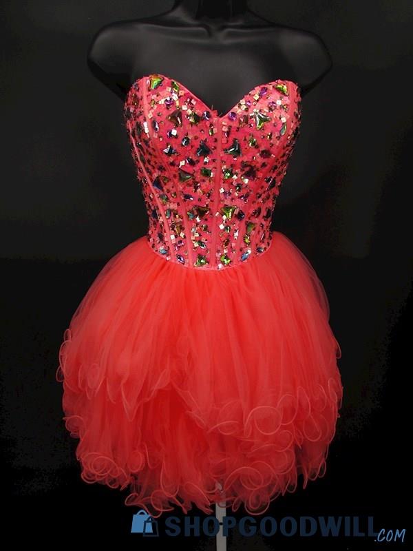 Lets Fashion Women's Coral Rhinestone Strapless Tulle Ruffle Mini Gown SZ XS