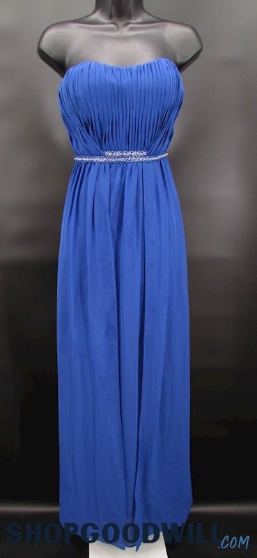 Bari Jay Women's Blue Beaded Belt Pleated Strapless Formal Gown SZ 8