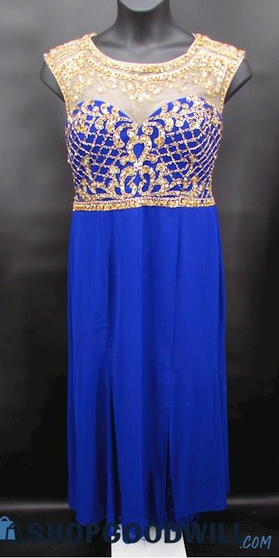 Aspeed Women's Blue & Gold Beaded Bodice Illusion Neckline & Back Gown SZ 2XL