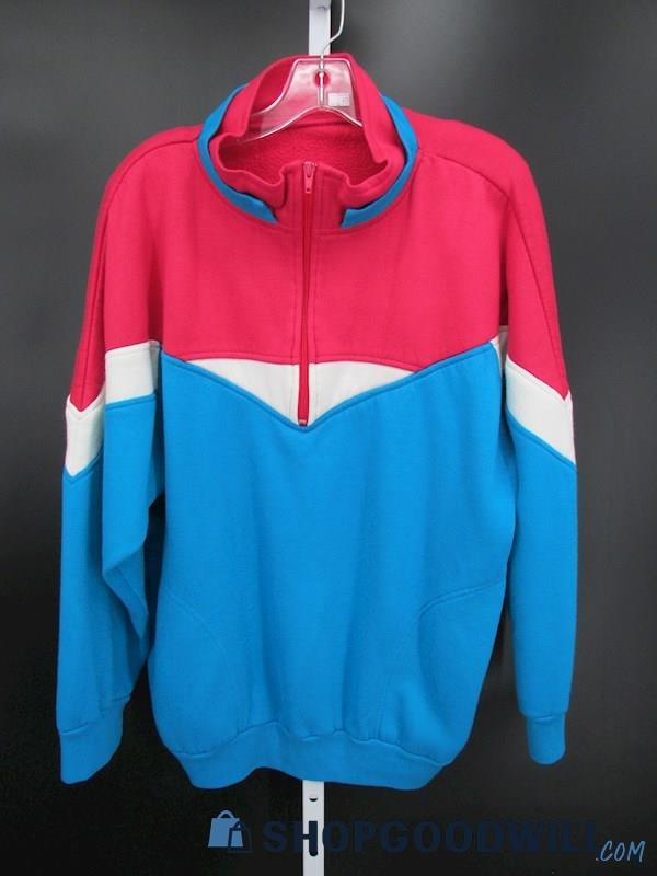 Vintage Unbranded Women's Pink/Blue Quarter Zip Sweatshirt SZ L