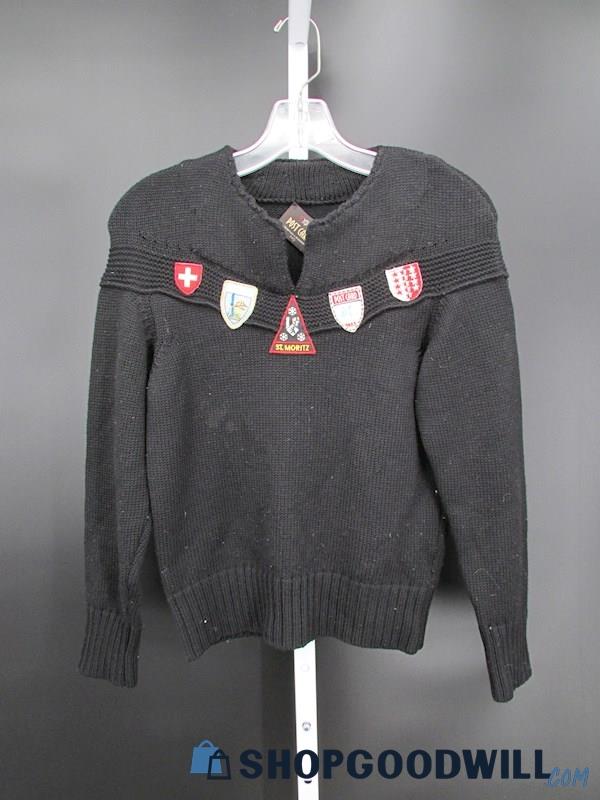 Vintage Post Card Women's Black Wool Pullover Knit Sweater SZ S