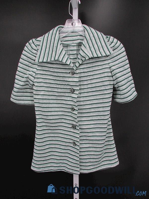 Vintage Unbranded Women's Green/White Striped Short Sleeve Button-Up SZ XS