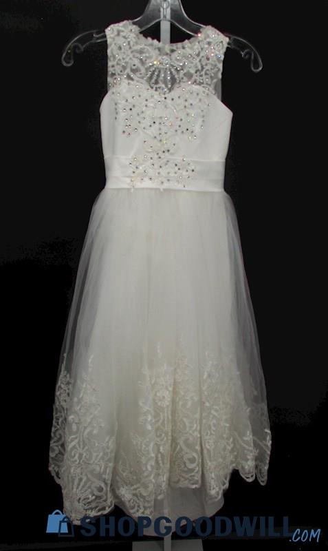 Unbranded Girls White Rhinestone & Lace Illusion Neckline Ballgown SZ 8