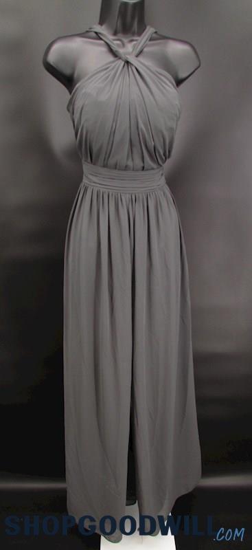 Bill Levkoff Women's Grey Pleated High Neckline Full Length Formal Gown SZ 10