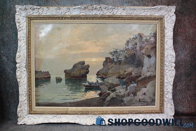 Original Boats By Mediterranean Sea Coast At Sunset Painting Signed M.m ...