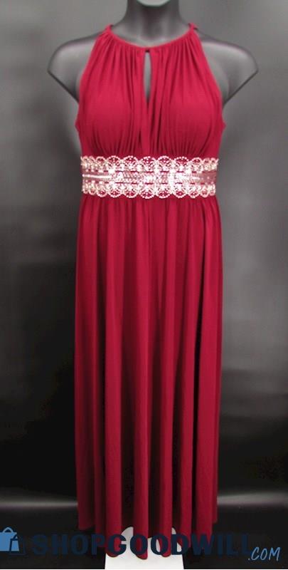 R & M Collection Womens Maroon Key Hole High Neck Beaded Waist Formal Gown SZ 12