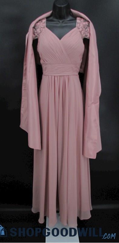 Azazie Women's Dusty Rose Lace Chiffon Pleated A-Line Dress W/Scarf SZ C