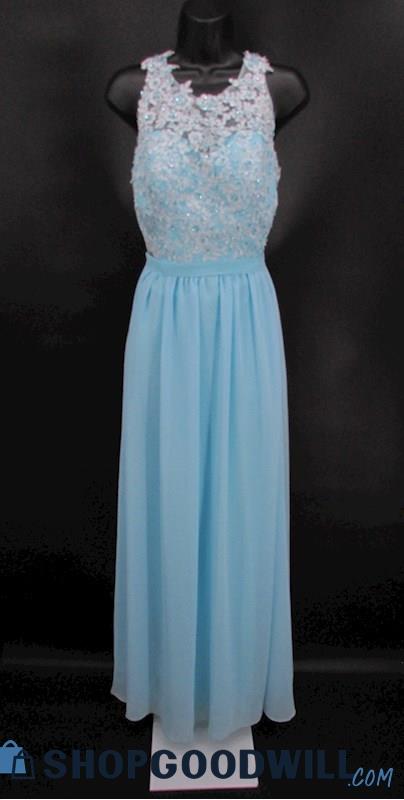 Women's Sky Blue Sequin Embroidered Chiffon Lace Open Back Bridesmaid Gown SZ-M