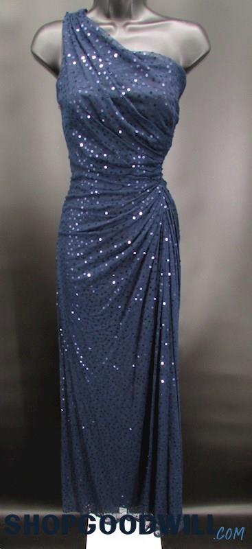 Cache Women's Navy Blue One Shoulder Tulle & Sequin Formal Gown SZ XS