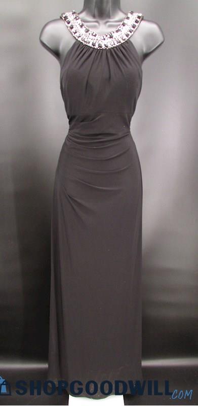 Eva Women's Black High Neck Rhinestone Trim Open Back Formal Gown SZ S