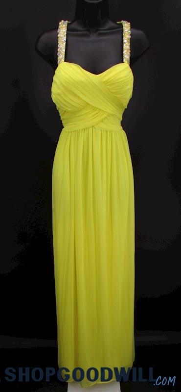 City Studio Juniors Yellow Sequin Pearl Trim Cage Back Pleated Formal Gown SZ 7