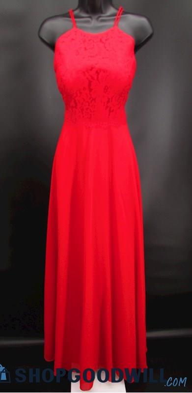 Christina Wu Women's Red Lace Bodice High Neck A Line Formal Gown SZ 8