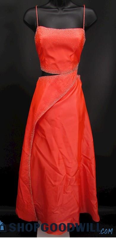 Precious Formals Women's Peach Metallic Beaded Cut Out A Line Formal Gown SZ 8