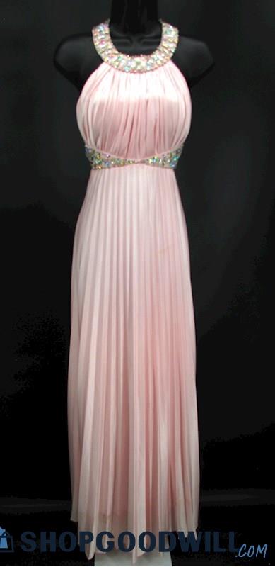 Sequin Hearts Juniors Baby Pink Rhinestone High Neck Pleated Formal Gown SZ 1