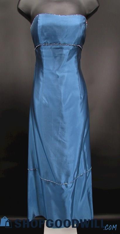 Jessica McClintock Women's Blue Metallic Rhinestone Trim Strapless Gown SZ 6