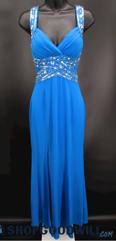 Adrianna Papell Juniors Blue Sequin Beaded Detail Criss Cross Back Gown SZ 3