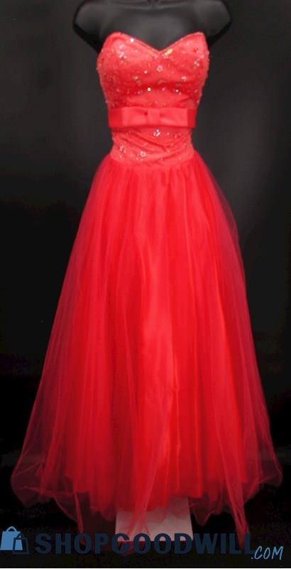 Morgan & Co Juniors Dark Pink Beaded Sweetheart Strapless Ballgown  SZ 1