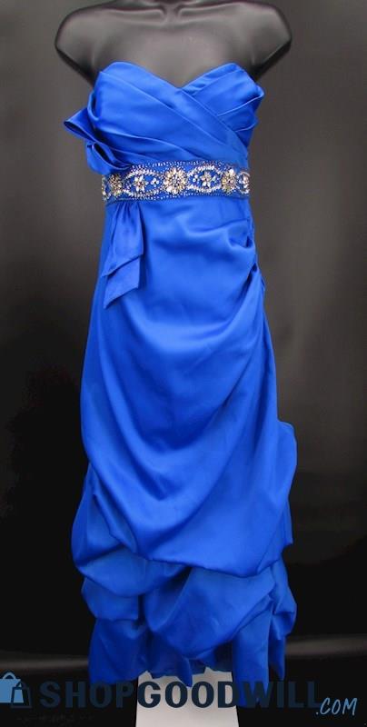 Masquerade Juniors Blue Strapless Pleated Beaded Belt Bubble Ruched Gown SZ 13